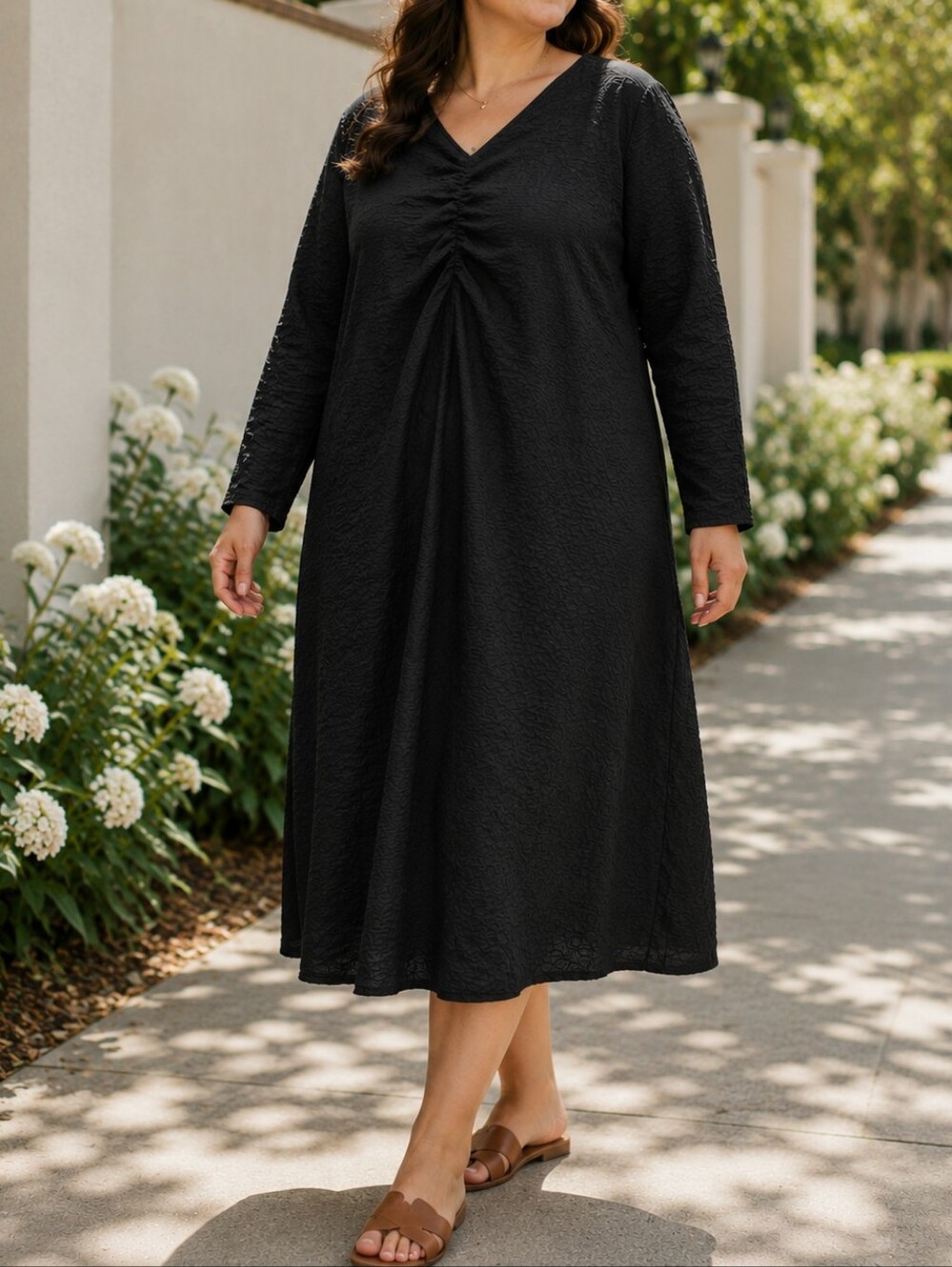 NWT Kaffe Curve Black Textured V-Neck Gathered Front Dress Plus Size Long Sleeve